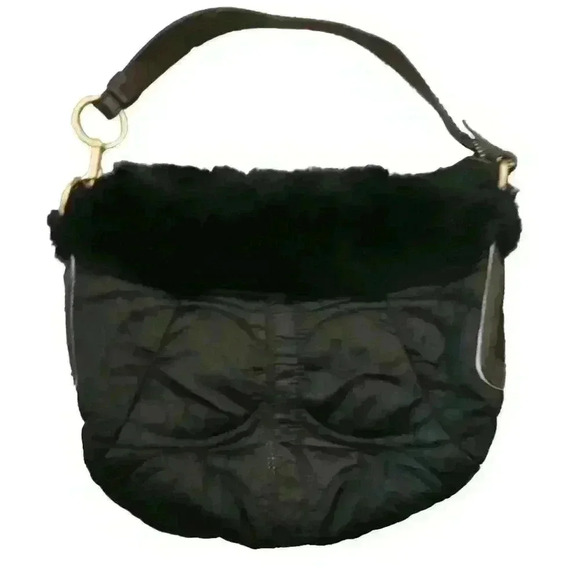 Coach Vintage Y2K Black Quilted Signature Rabbit Fur Trimmed Shoulder Bag - Picture 3 of 13